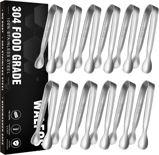 Walfos Mini Tongs for Serving Food, Small Stainless Steel Kitchen Tongs for Appetizers, Sugar, Desserts, Tea Party, Coffee Bar, Set of 12 (Silver)