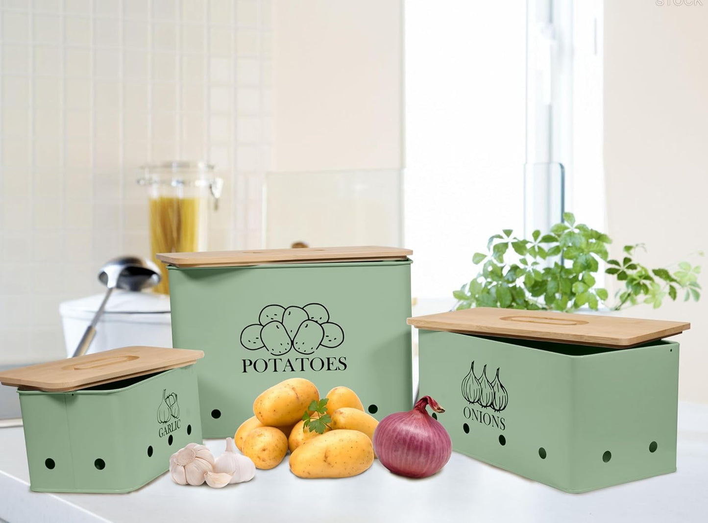 Kitchen Vegetable Storage Tins Set of 3 for Potato Onion & Garlic with Wooden Lid, Kitchen Storage Canisters Set, Long Shelf Life - Green