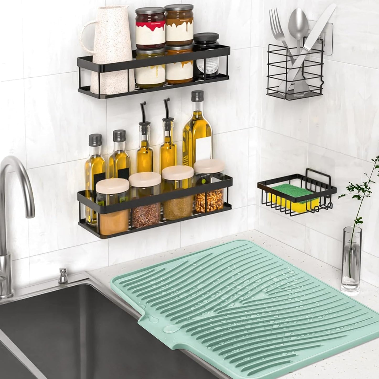 Dish Drying Mat, Stone Drying Mat for Kitchen Counter with Built-in Drain, Non-Slip Drying Matt Kitchen Counter, Heat Resistant Silicone Drying Mat, Dish Drying Pad, 2 Pcs (Mint 19.7" x 17")