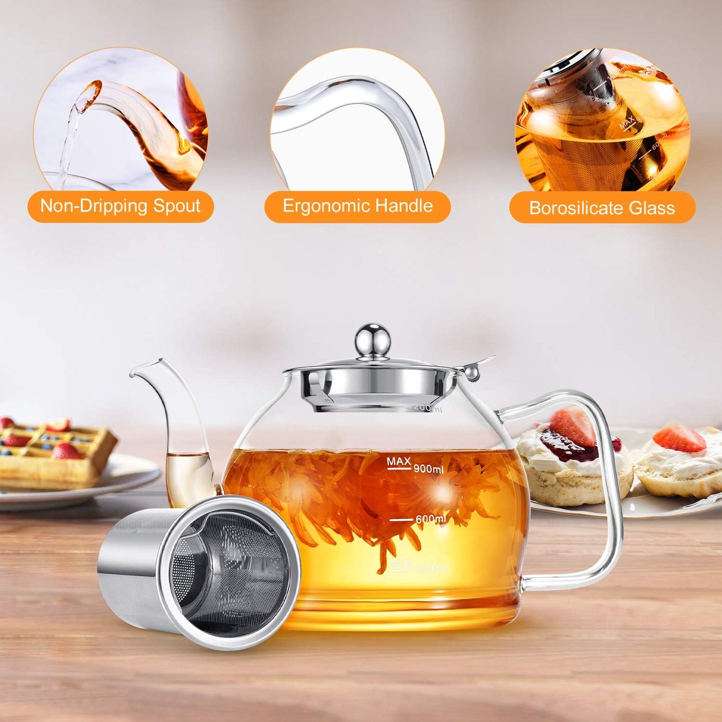 STNTUS Glass Teapot, 40 oz. / 1200 ml for Loose Tea, With Infuser and Stainless Steel Strainer, Stovetop Safe, 4-6 Cups
