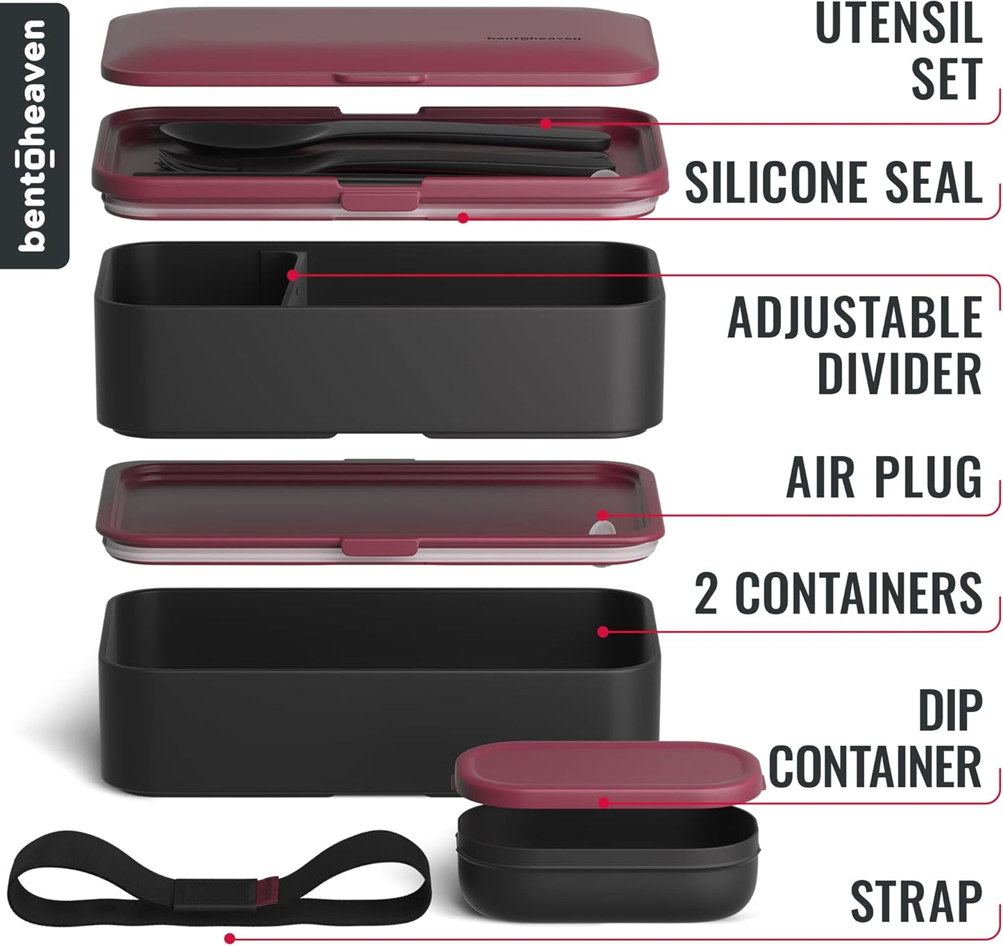 Bentoheaven Premium Bento Box Adult Lunch Box with Compartments for Women & Men, Set of Utensil & Chopsticks & Dip Container, Cute Japanese Kids Bento Lunch Box, Microwavable (Very Berry)