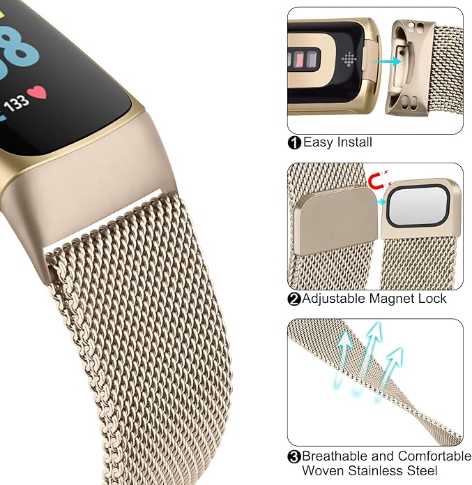 Meliya for Fitbit Charge 6 Bands Women Men, Stainless Steel Metal Mesh Loop Adjustable Magnetic Wristband Replacement Straps Compatible with Fitbit Charge 6 Fitness Tracker