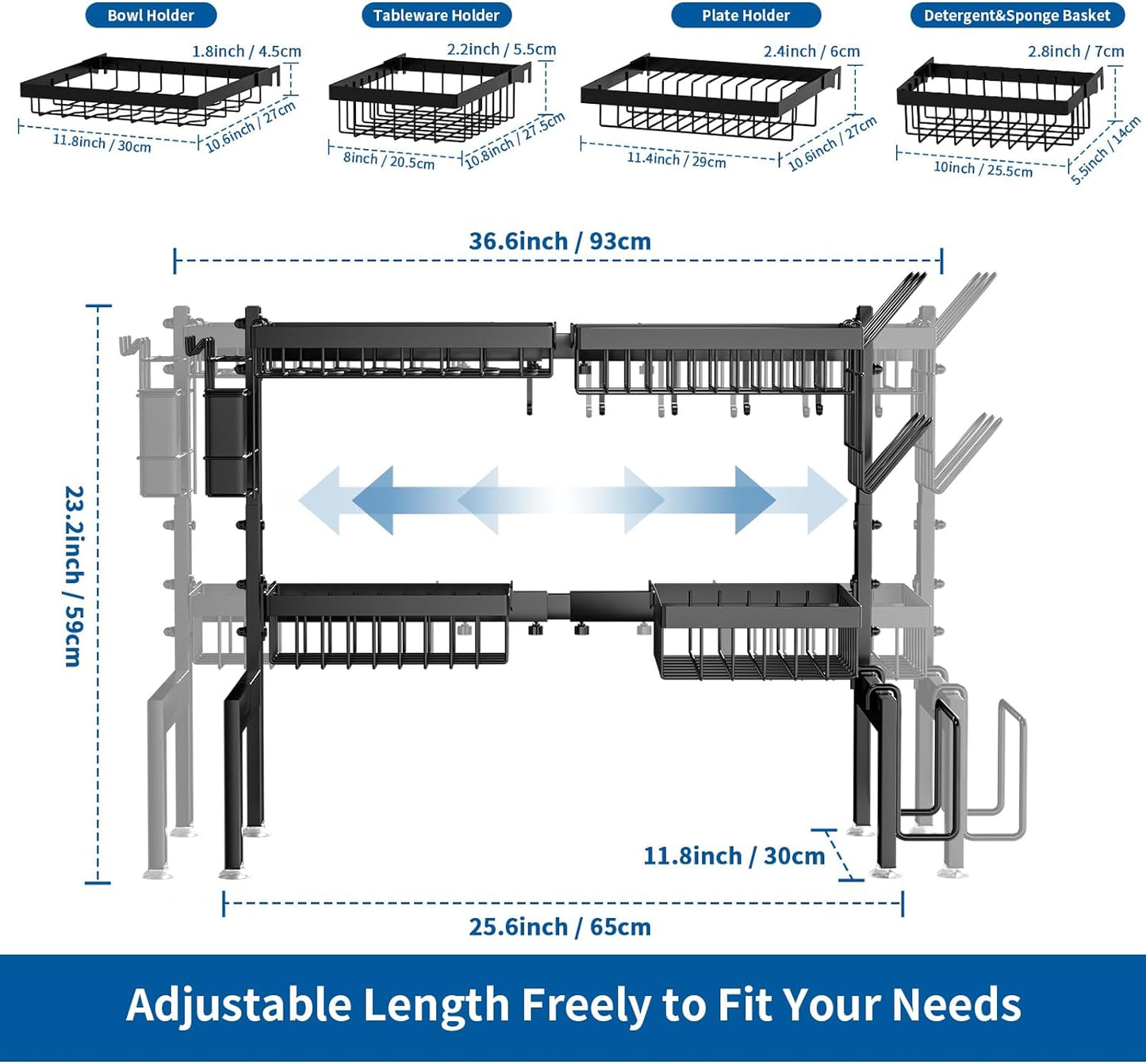 Over The Sink Dish Drying Rack,Expandable 2-Tier Stainless Steel Over The Sink Dish Rack with Utensil Holder Dish Drainers for Kitchen Counter