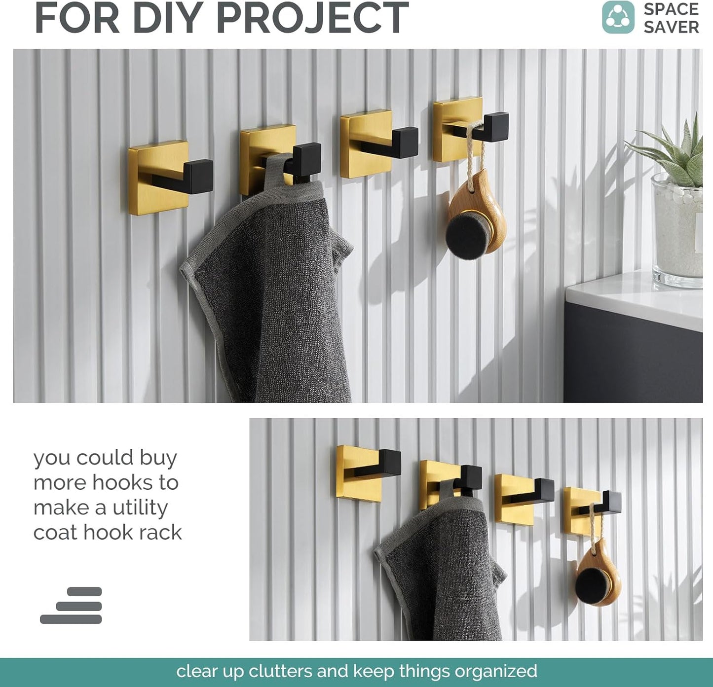 Angle Simple Towel Hook Black & Gold 2 Pack, 304 Stainless Steel Coat Hook, Robe Hook Bathroom