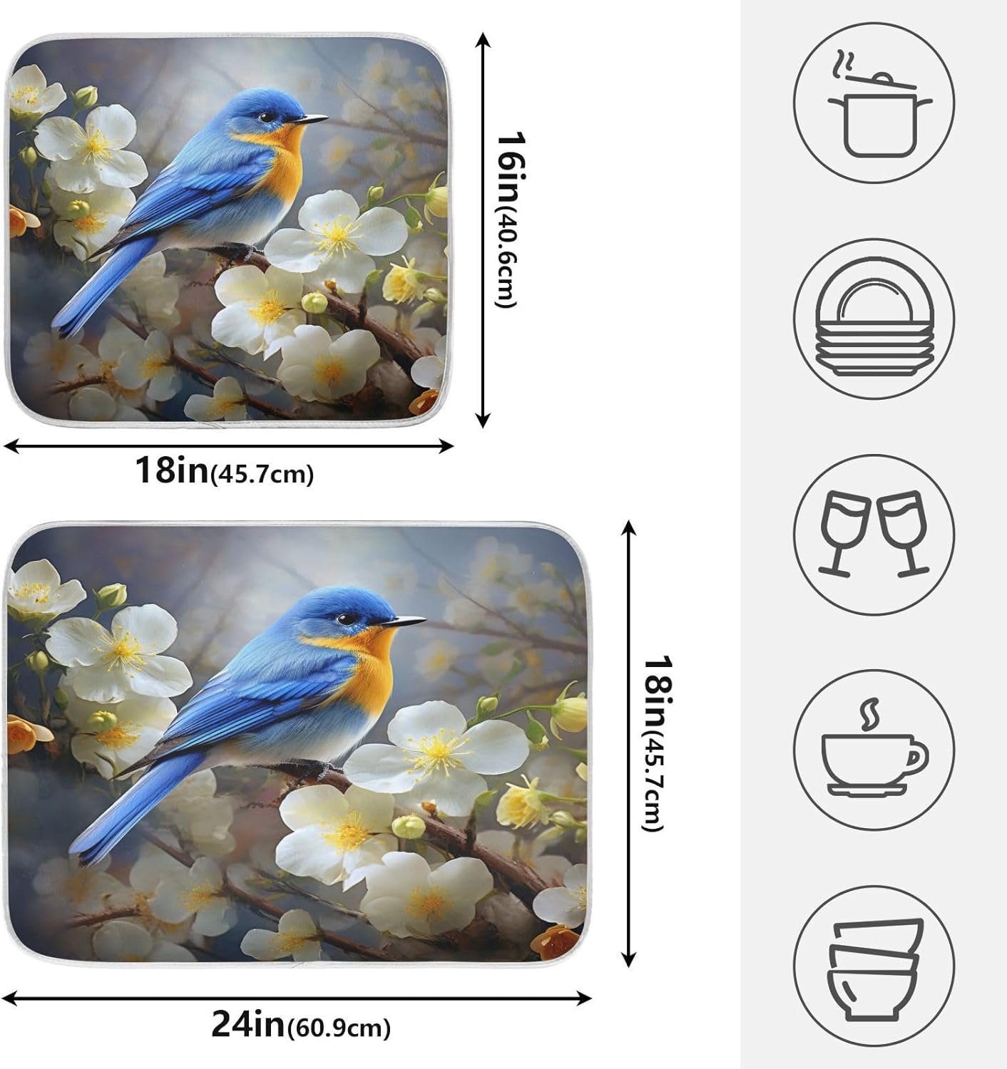 Spring Blue Yellow Flower Bluebird Butterflies Dish Drying Mat for Kitchen Ccounter Absorbent Microfiber Small Drying Pad Dish mats for Kitchen Countertops 16 x 18 Inch