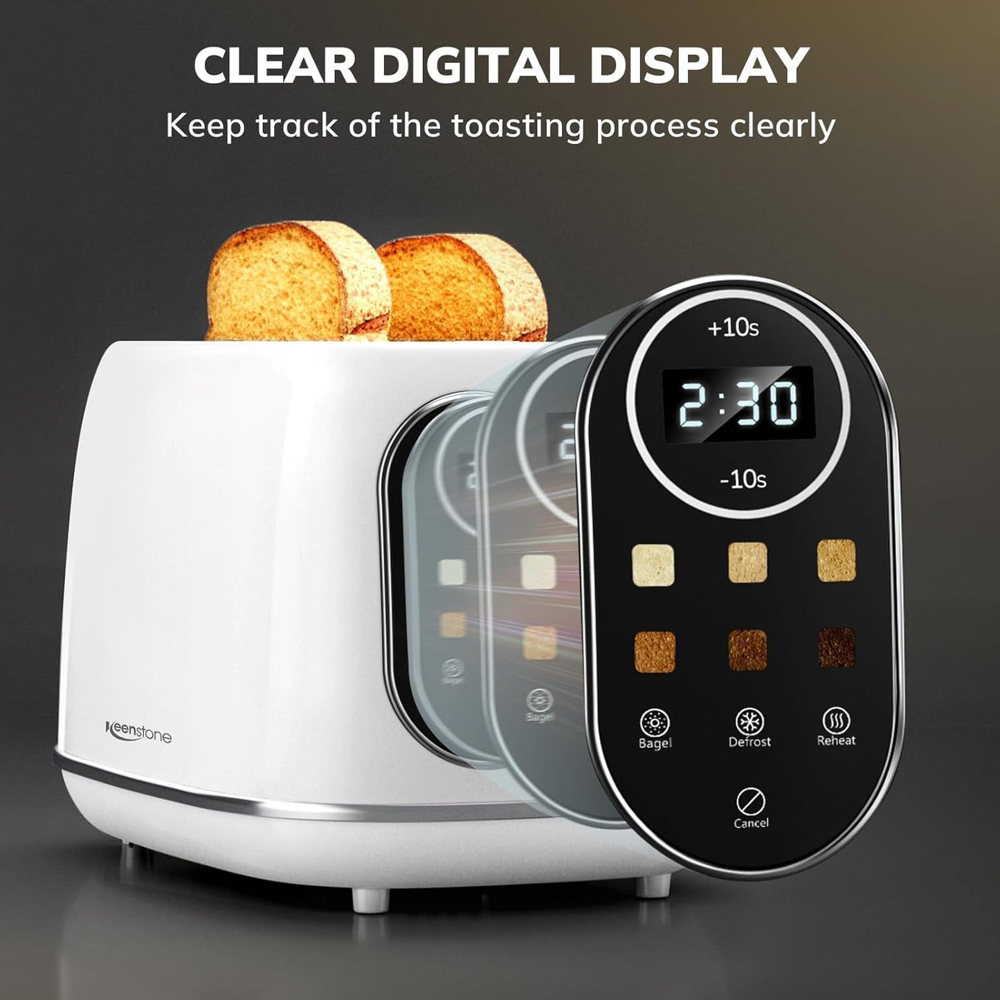 Keenstone Smart Touch Screen Toaster 2 Slice, Retro Wide Slot Stainless Steel Toaster with 6 Browning Levels, Reheat & Defrost, for Bagel, Toast, Bread, Removable Crumb Tray, White