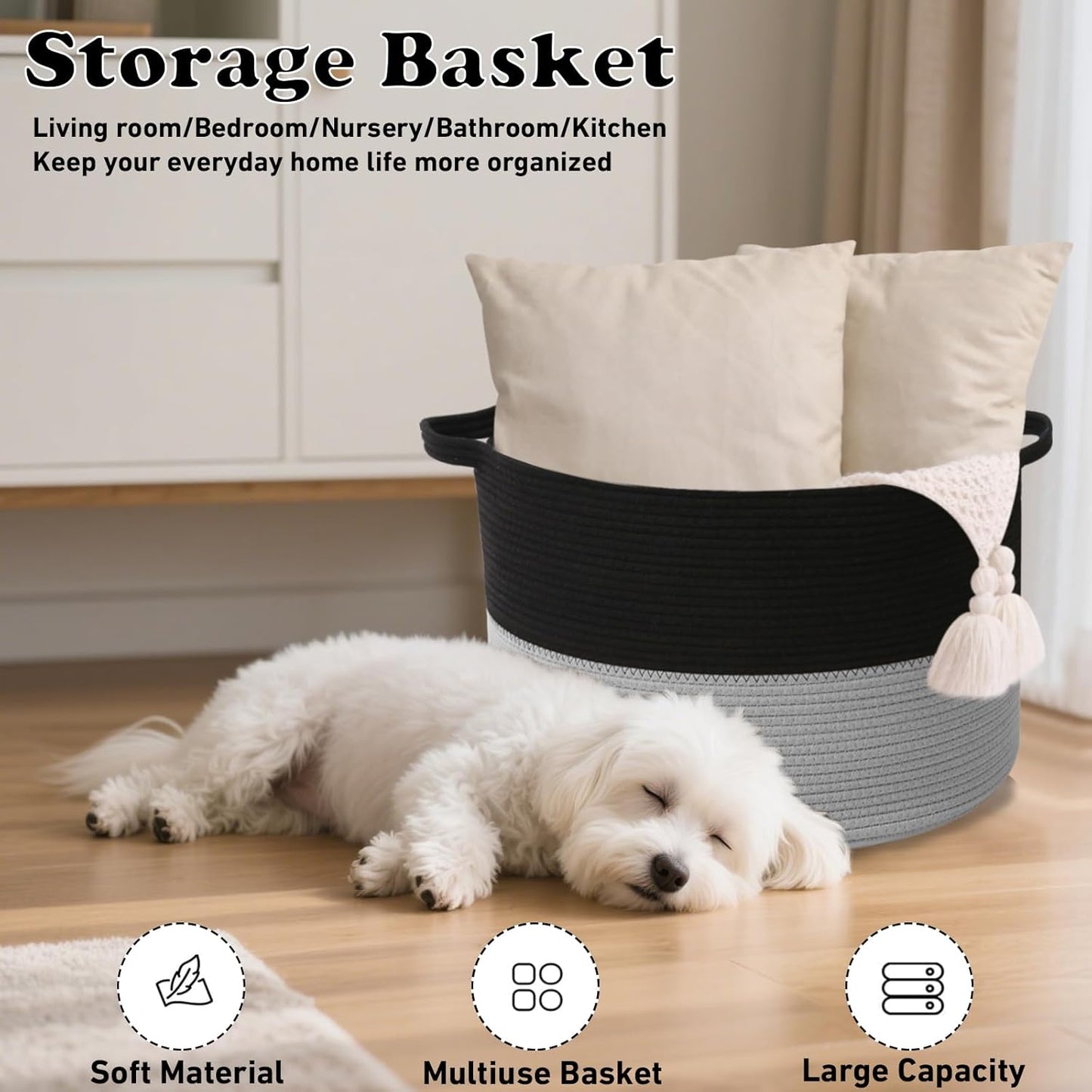 Large Blanket Basket for Organizing,115L Closet Organizers and Storage Bins Box for Shelves Woven Rope Storage Baskets,Living Room,Bedroom,Dorm,Laundry room (Black&Light Grey)