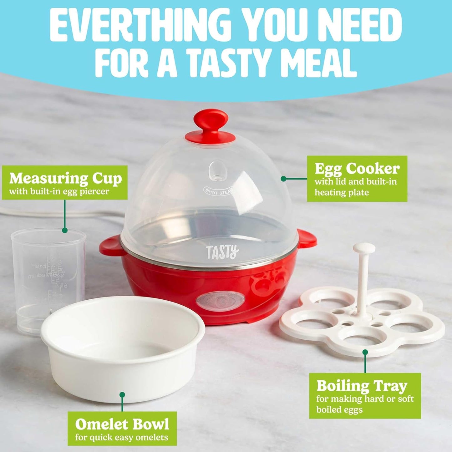 Tasty Mini Rapid Egg Cooker, 5-Egg Capacity for Perfect Hard Boiled Eggs or Omelets, Auto Shut Off, Red