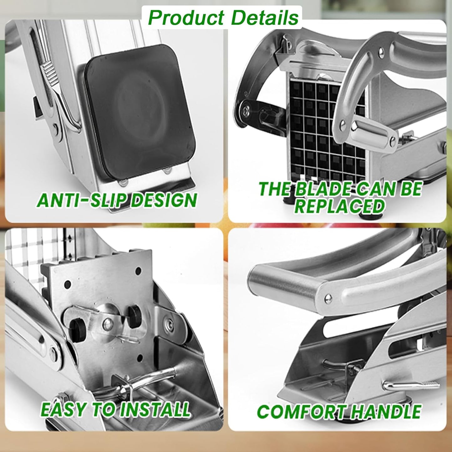 French Fry Cutter, 2-blade Potato Slicer Strong No-Slip Suction Base Stainless Steel French Fry Cutter with 1 Peeler, Perfect for Potatoes, French Fries, Cucumber,Vegetables Carrot