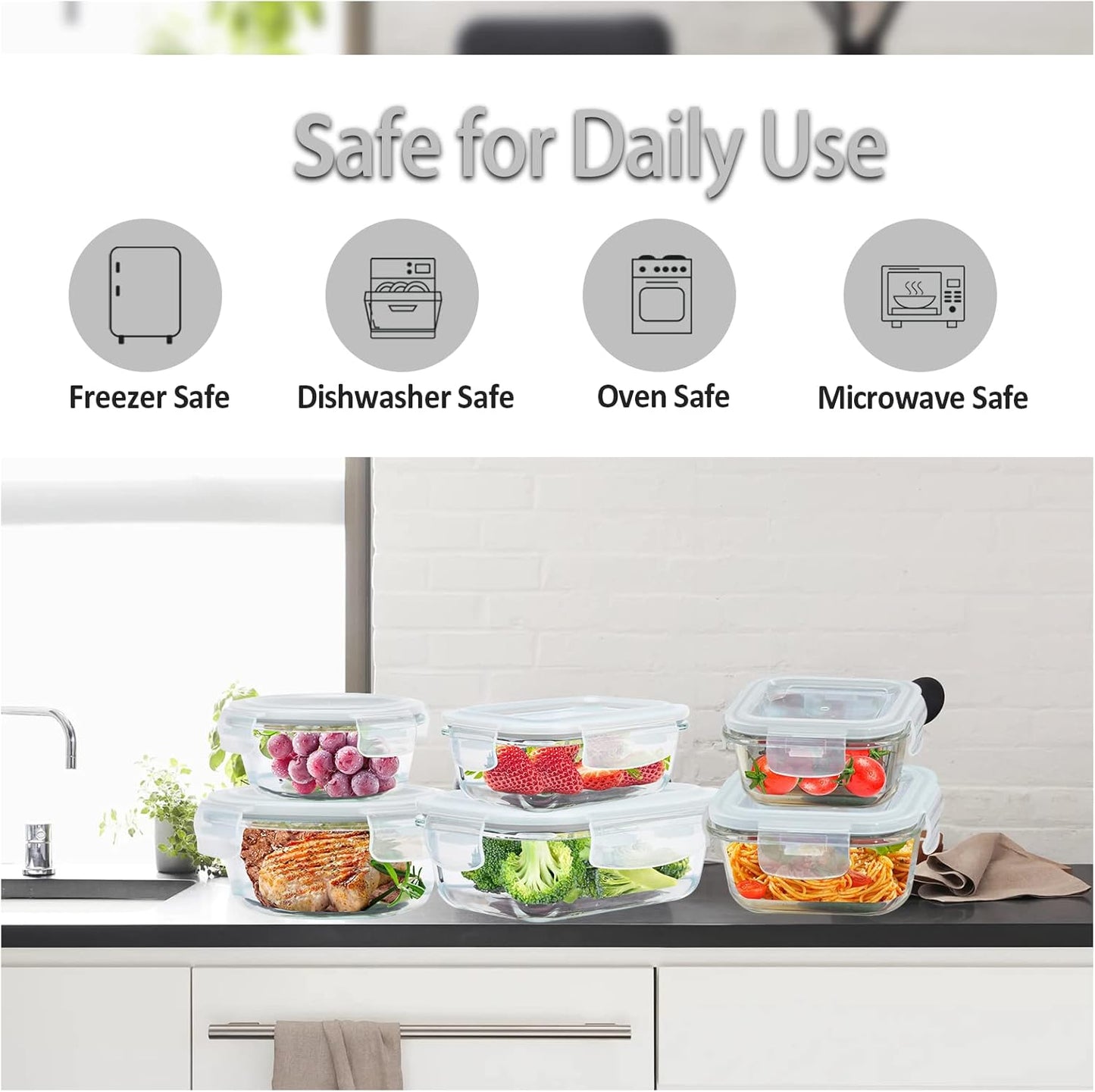 Glass Food Storage Containers with Lids Airtight 6 Pack, Glass Storage Containers with Lids for Food, Not Easy Broken & Leak Proof, Oven/Dishwasher Safe, Grey