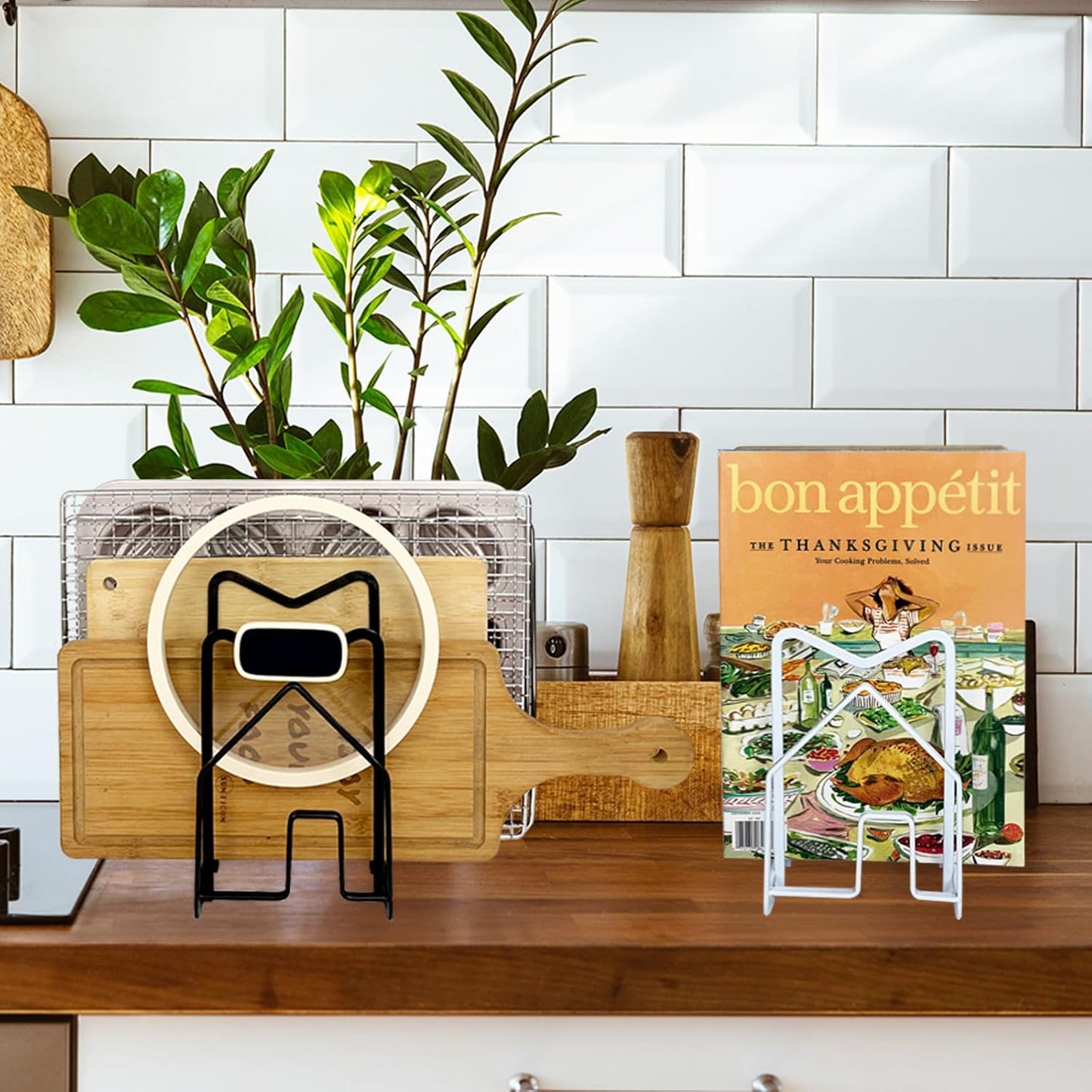 SUNFICON 2 Pack Cutting Board Racks Holders Pot Pan Lids Holders Chopping Board Organizers Thin Bakeware Trays Dry Display Stands Kitchen Countertop Cabinet Office Black