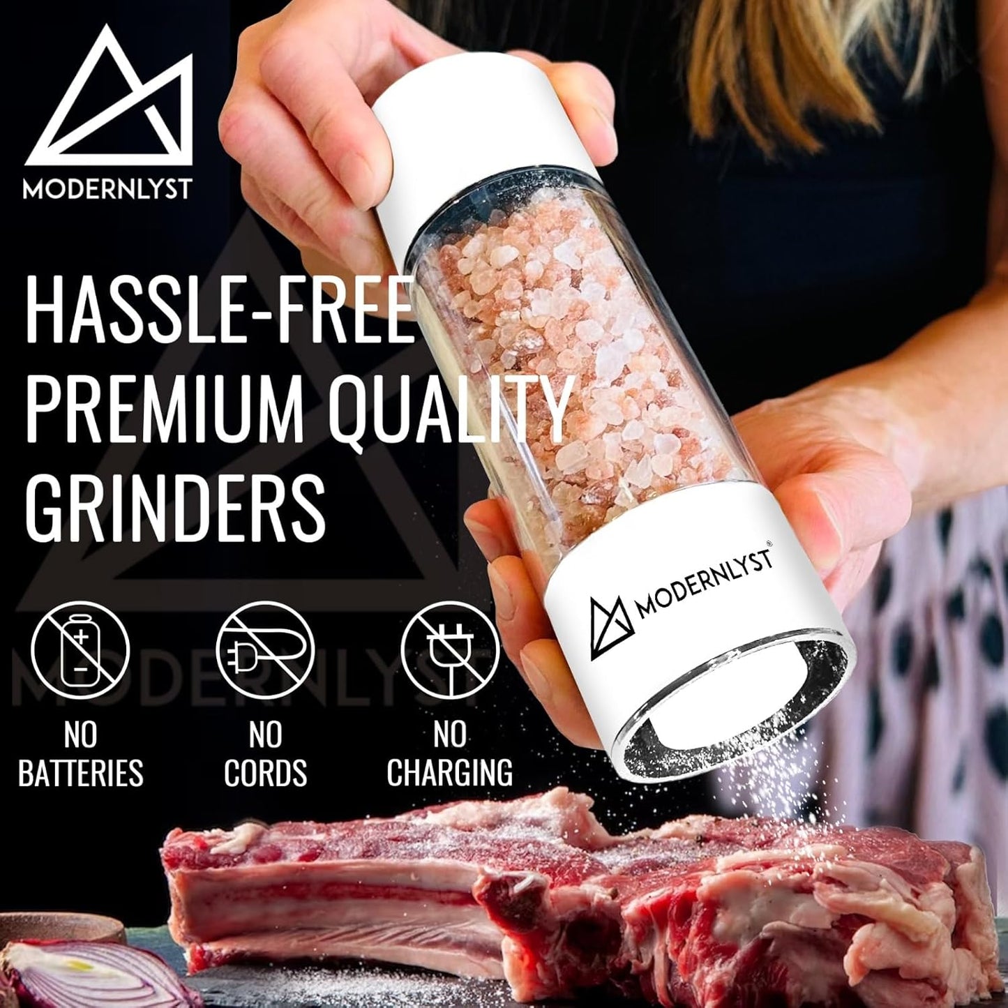 Manual Salt and Pepper Grinder Set of 2 | Large Round Shakers | 7.5 Inch Stainless Steel Refillable Grinders (White)