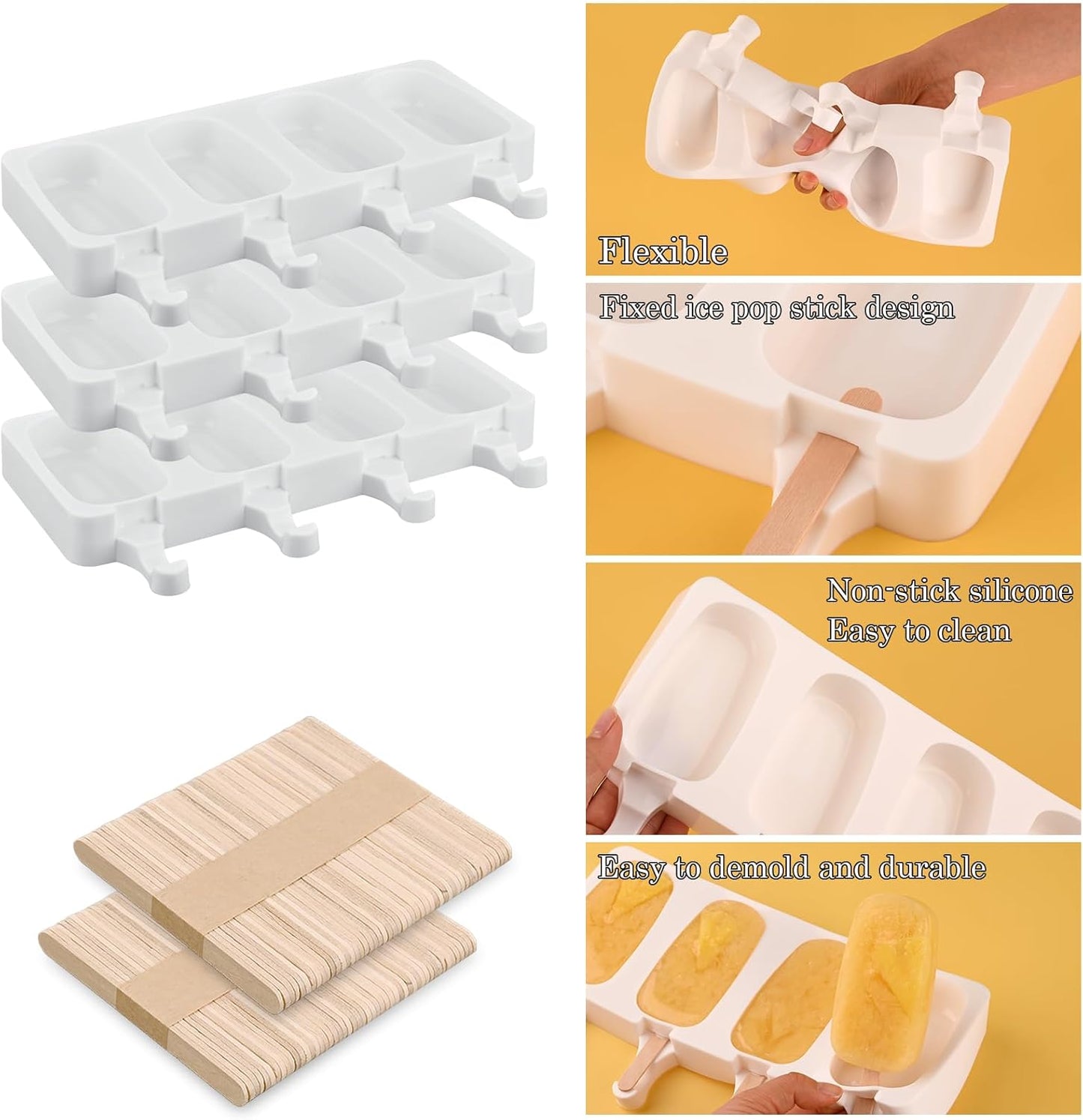 Sakolla Small Popsicle Silicone Molds, 4 Cavities Homemade Ice Cream Molds with 100 Wooden Sticks for Ice Pop, Cakesicles, Cake Pop (Set of 3, White)