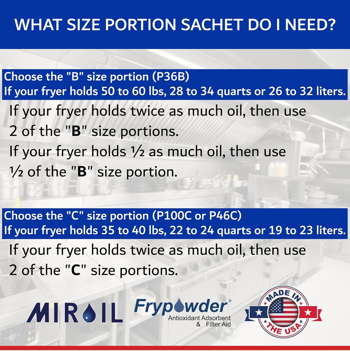 MirOil P46C Fry Powder Oil Stabilizer and Filter Aid, 46 x Size C Portion Pack(160ML Each) Fry Powder, Food Centers Cook Hotter, Deep Fryer Cooking Oil Saver Helps Save Grease & Remove Carbon Deposits