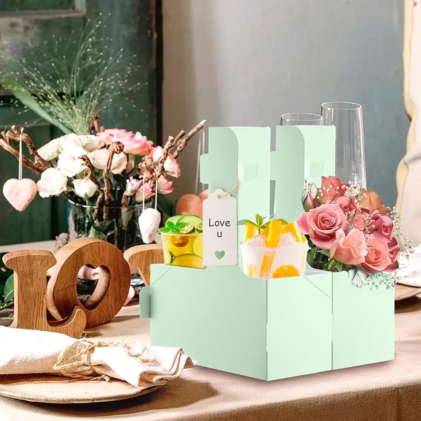 30 Pack 2 Cup Disposable Drink Carrier with Handle Paperboard Coffee Cup Holder Portable for Hot Cold Drinks Food Delivery Services with Heart Card for Teacher Appreciation Week Mother's Day