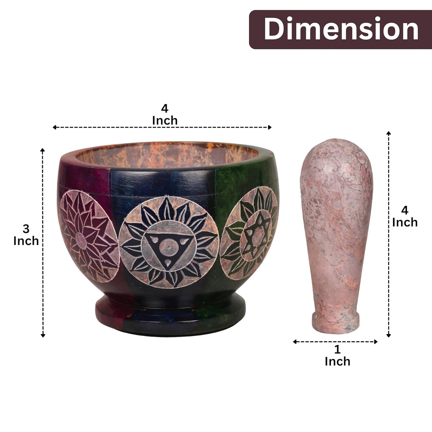 Mortar and Pestle, Made of Heavy Duty Polished Hard Stone, Natural Stone Grinder for Spices, Pastes, Herbs, Seasoning etc. (Rainbow)