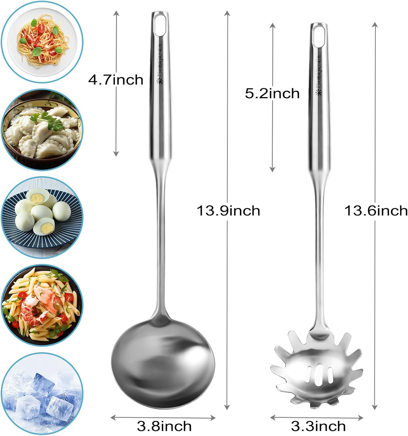 Stainless Steel Soup Ladle and Spaghetti Spoon Set - Large Ladle Spoon, Pasta Strainer, Durable Kitchen Cooking Utensils for Stirring, Serving Pasta, Soup & Sauce [Heat Resistance，Integral Forming]