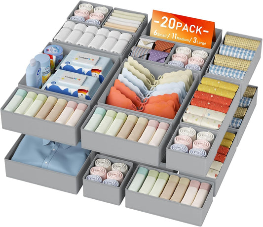 DIMJ Drawer Organizer Clothes - 20 Pack Closet Drawer Organizer Bins for Baby Clothes Storage, Fabric Dresser Organizer for Nursery Bedroom, Foldable Small Drawer Dividers for Underwear Socks