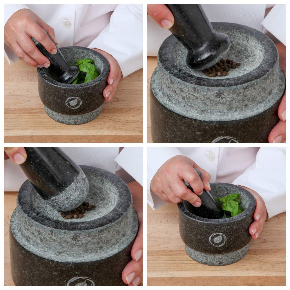 Laevo Mortar and Pestle Large Set - Black Granite Stone Spice Grinder, 2.1 Cup Capacity, 5.5 Inches - Reversible Molcajete Mexicano - Guacamole, Spices - Large Mortar and Pestles Set