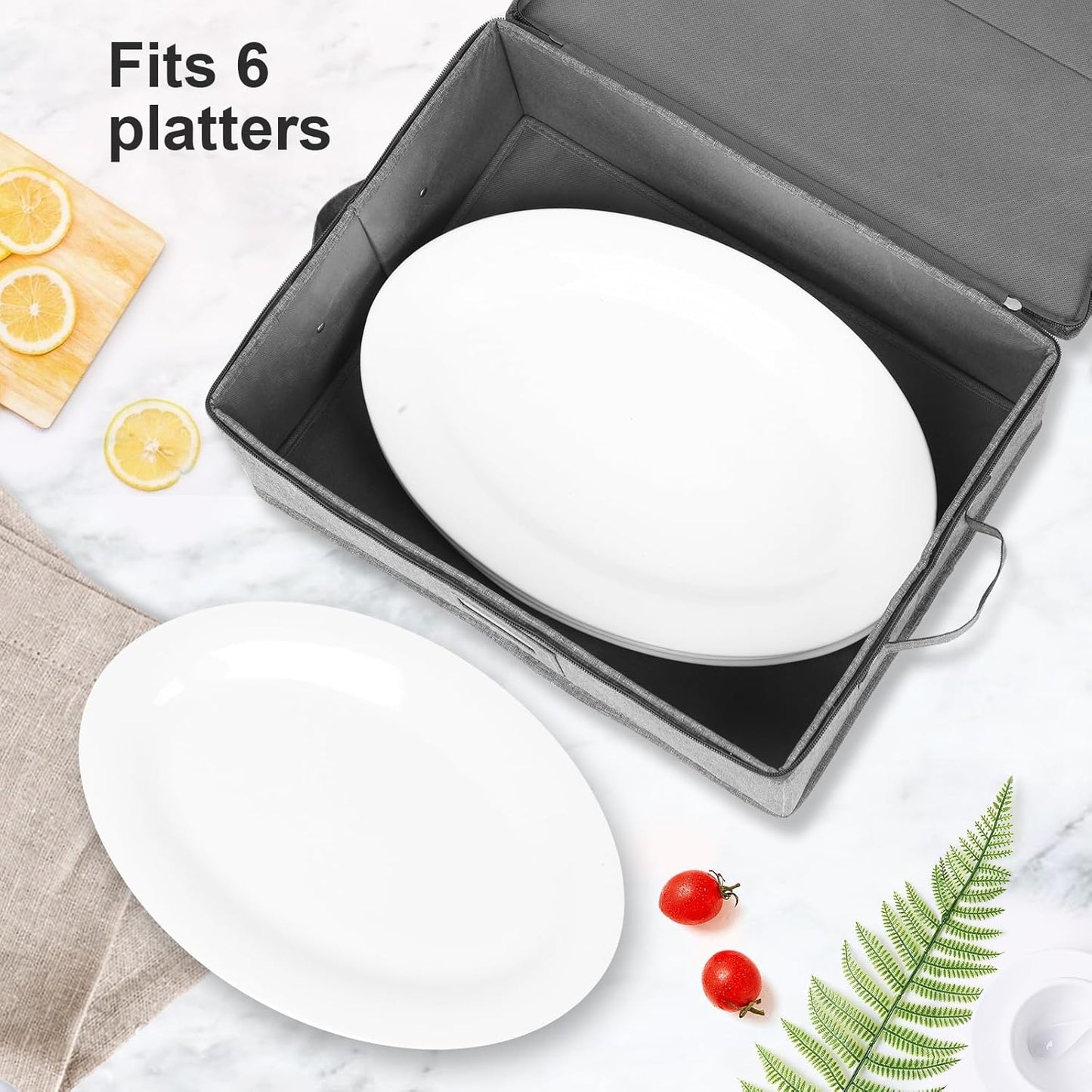 China Storage Containers Hard Shell 2 Pack, Platter Storage Case 17" x 13" x 6", 5 Felt Dividers Included, Structured Top and Stackable (Linen Grey)