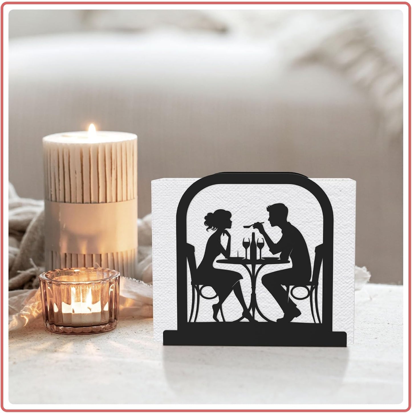 Modern Standing Napkin Holder for table, Black Metal Napkin Dispenser, Romantic Couple Meal Theme Style Napkin Holder, Suitable for Kitchen, Coffee Shop, Dining Room