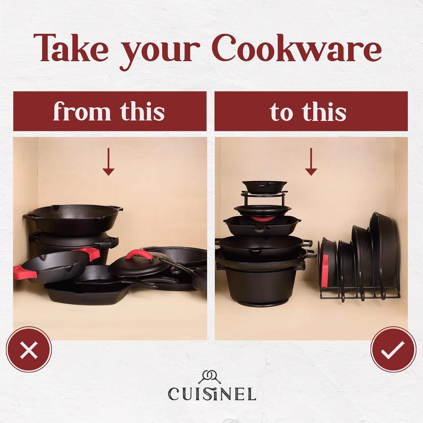 Cuisinel Pots and Pans Organizer - 15" Heavy Duty Skillet Rack - 2 Pack - Kitchen Counter/Cabinet Organization Storage - Holder for Cookie Sheet, Cutting Board, Cast Iron Cookware, Dish, Lid Stand