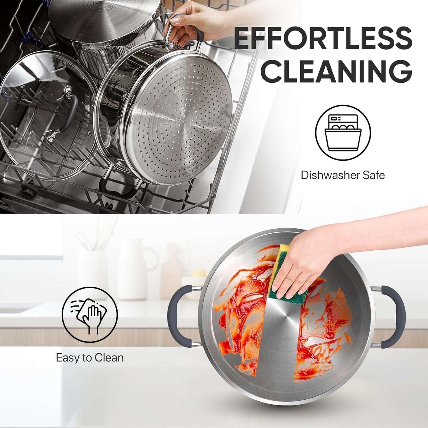 Sunhouse - 3.1 Quarts Steamer Pots With Lid 2-Tier Multipurpose Stainless Steel Steaming Pot Cookware For Vegetable, Dumpling, Sauce, Food - Triple Bottom, Measurement Line