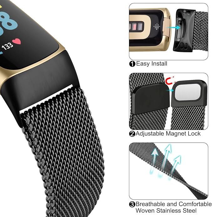 Meliya for Fitbit Charge 6 Bands Women Men, Stainless Steel Metal Mesh Loop Adjustable Magnetic Wristband Replacement Straps Compatible with Fitbit Charge 6 Fitness Tracker