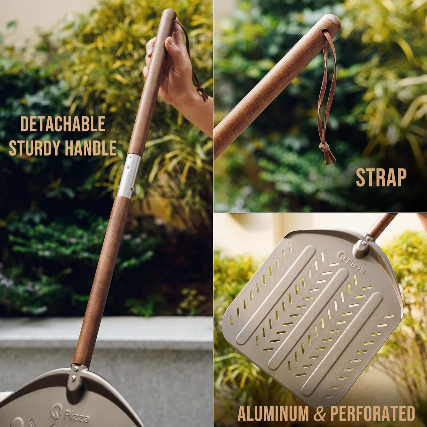 Q Pizza Perforated Aluminium 12x14in Round Pizza Peel, Gold, Aluminum, Non-Stick, Easy to Clean, Suitable for All Occasions