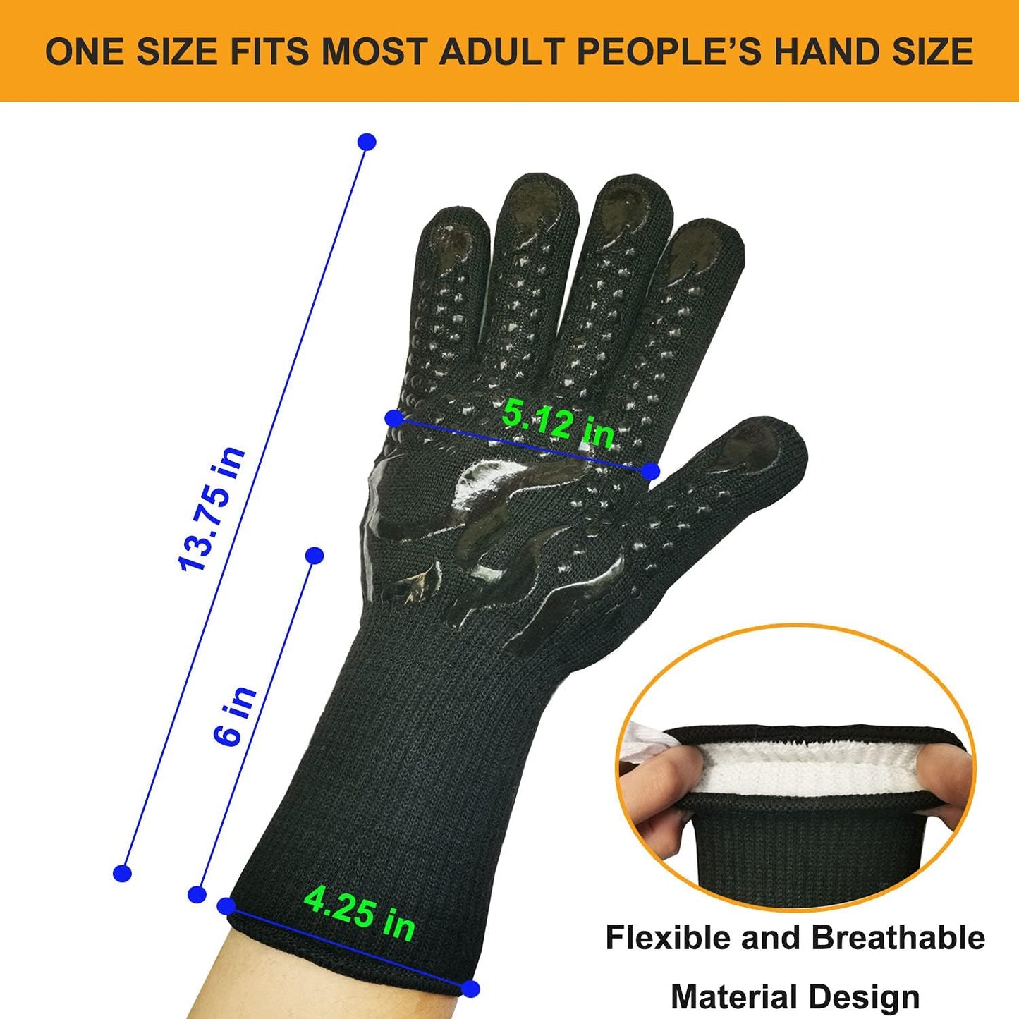 Mitts Oven Gloves with Fingers BBQ Heat Resistant Gloves Oven Gloves 1472℉ 14Inch Cut Resistant Cooking Grill Gloves Silicone Non-Slip Cooking Gloves for Grilling/Baking for Gift (Large, Black)