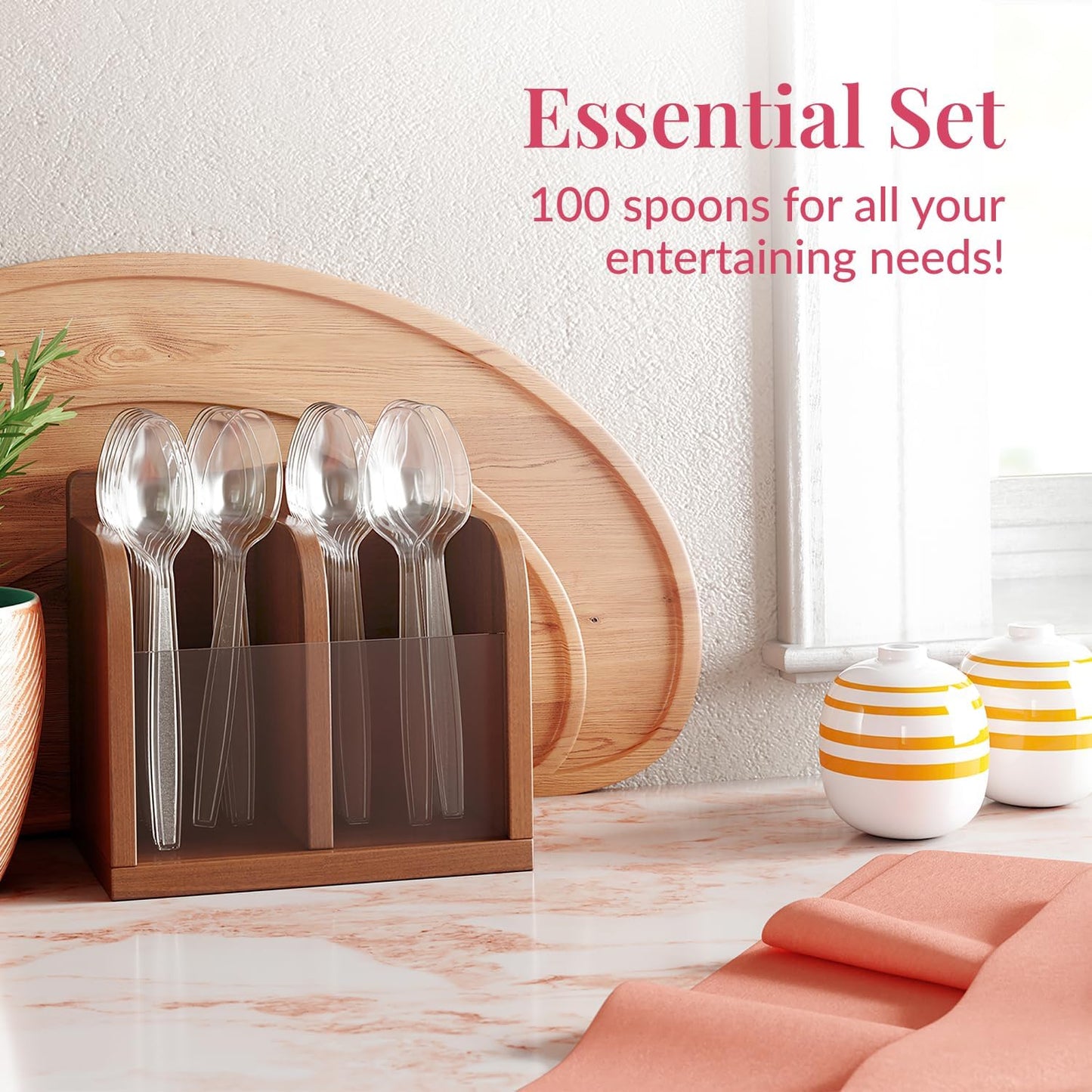 Prestee 100 Clear Plastic Spoons Bulk - Durable Disposable Plastic Silverware Spoons - Heat-Resistant Spoon Cutlery - Heavy Duty Flatware Pack - Disposable Silverware Utensil Set for Hot and Cold Food