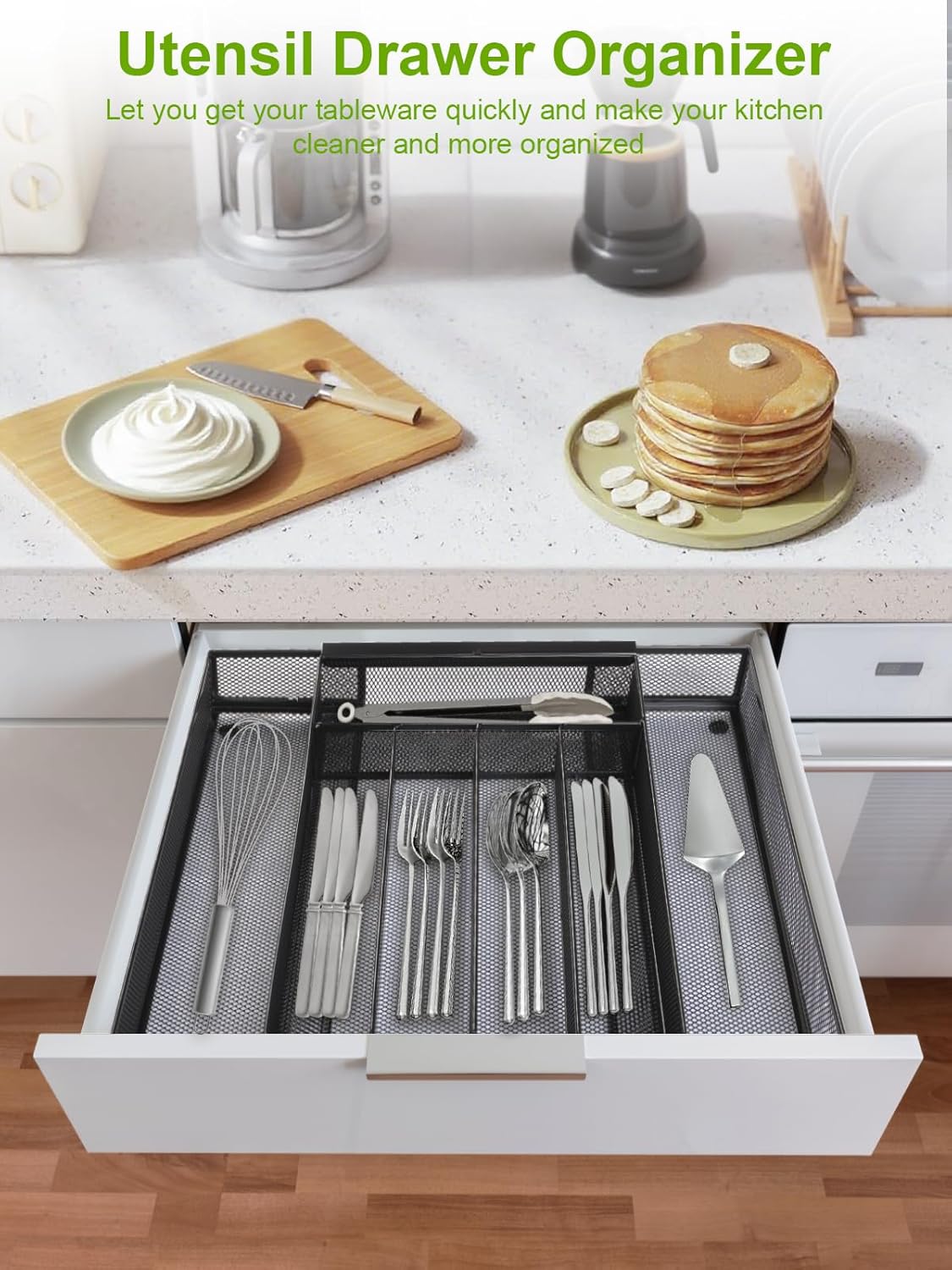 Silverware Organizer Metal Mesh, Drawer Organizer, Utensil Cutlery Tray for kitchen drawers,Expandable Flatware Organizer with 7 Compartment Black 9.4"~17.3" x 13.7"