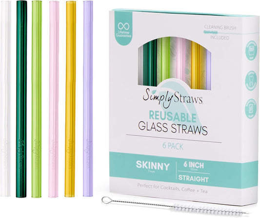 Simply Straws 6 Inch Skinny Glass Straws (6-Pack) - Reusable Cocktail Straws for Mixed Drinks, Low Balls, Coffee & Tea, with Cleaning Brush – Dishwasher Safe, Hot & Cold Use, BPA-Free (Meadow)