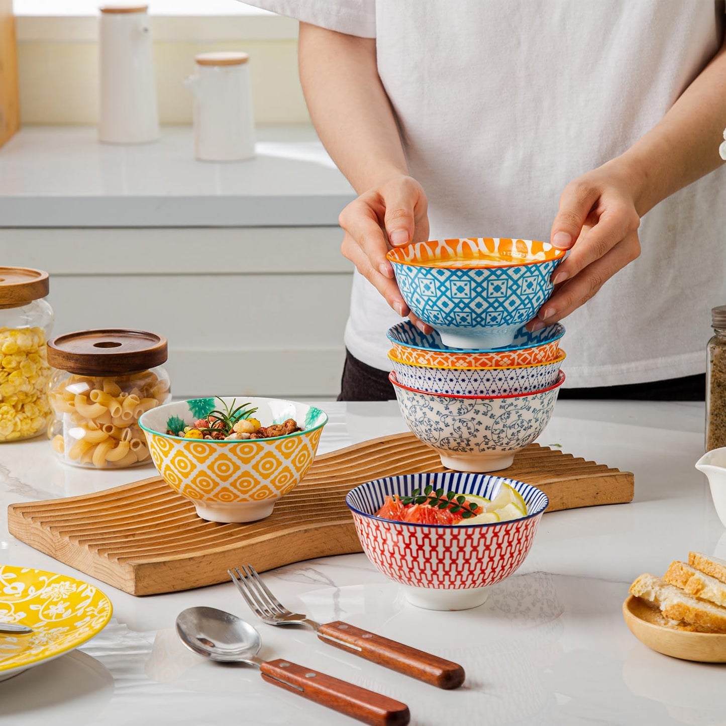 Ceramic Dessert Bowls Set - 12 Oz Small Cereal Bowls 4.75 Inch Ice Cream Bowl for Fruit, Snack, Side Dishes, Dipping Sauce - Microwave Dishwasher Safe - Set of 6 - Assorted Colors