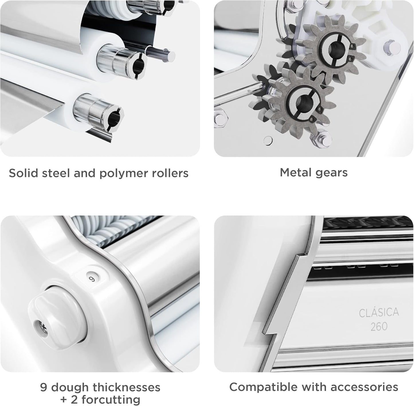 PASTALINDA Classic 260 Pasta Maker Machine, 26 cm Wide Rollers, 9 Thickness Positions, 2 Cutting Positions, Stainless Steel. Includes Reinforced Hand Crank And Two Clamps (White)
