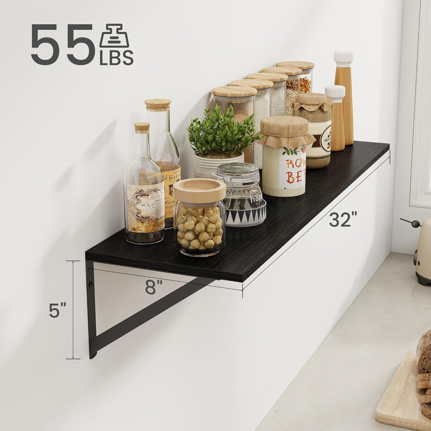 Heimlove Black Deep Floating Shelves for Wall, 32W x 8D Wood Wall Shelves Set of 2, Wide Floating Bookshelf for Living Room, Kitchen, Office, Bedroom and Decor Storage, with Metal Bracket - Black