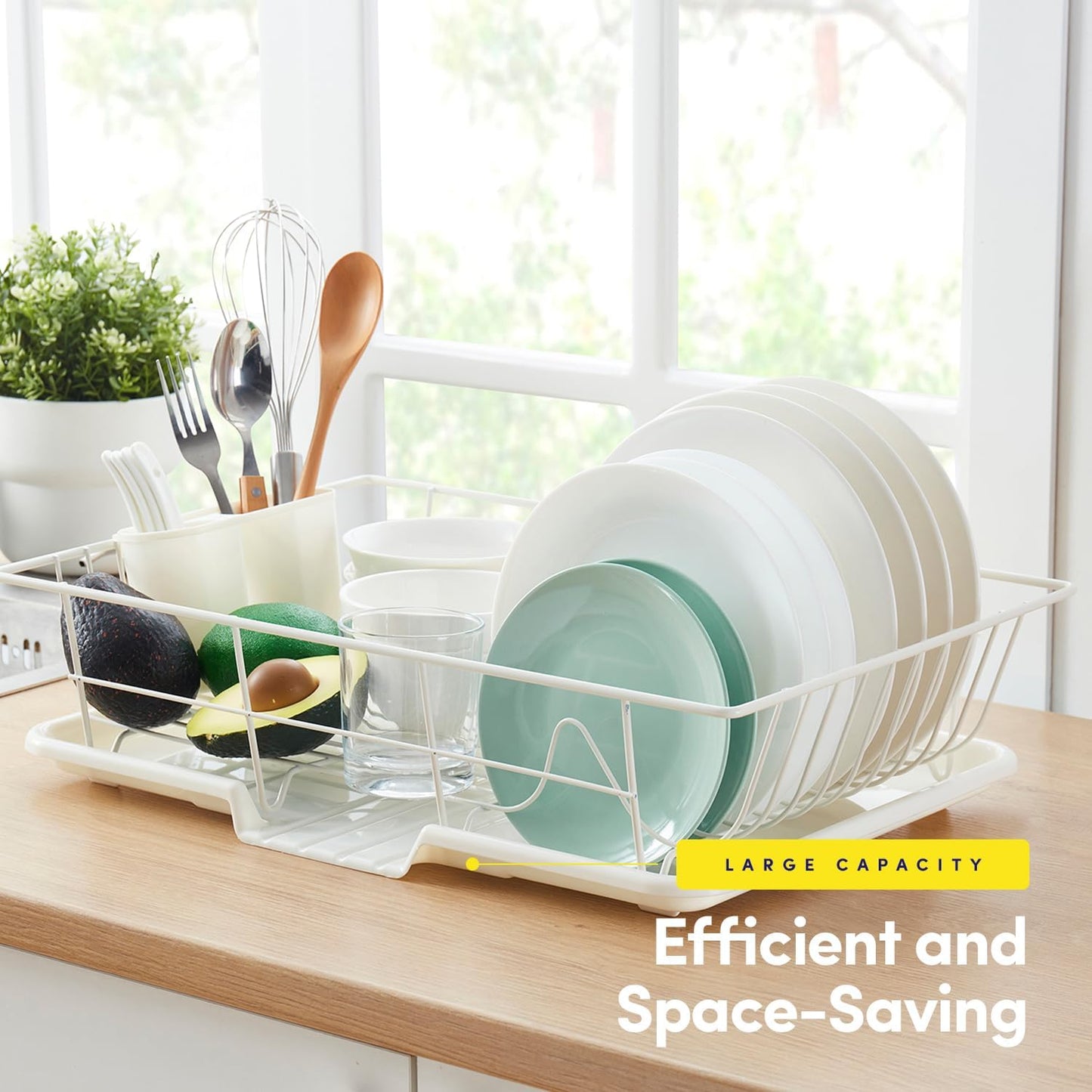 Sweet Home Collection Space-Saving 3-Piece Dish Drainer Rack Set: Efficient Kitchen Organizer for Quick Drying and Storage - Includes Cutlery Holder and Drainboard - Maximize Countertop Space, Ivory