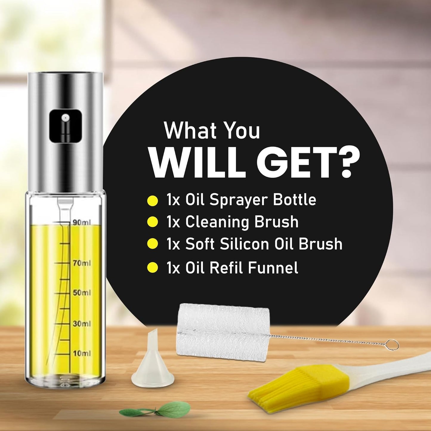 Oil Sprayer for Cooking -100ml Sprayers, Clear Transparent Glass Bottles, Food Grade, Refillable, Multi Purpose Oil Mister with Non Slip Cap, Oil Funnel & Silicone Brush