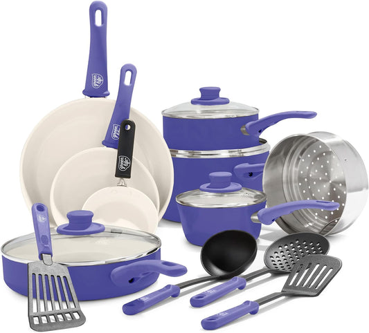 GreenLife 16 Piece Nonstick Cookware Set, Soft Grip Non-Toxic PFAS-Free Ceramic Pots & Pans, Dishwasher & Oven Safe, Frying, Sauce, Utensils, Glass Lids, Stay-Cool Handles, Wobble Free, Periwinkle