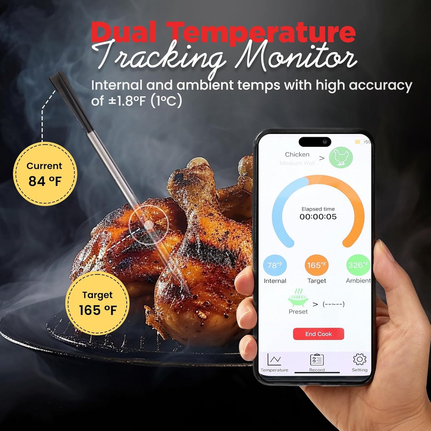 Meat Thermometer Digital Wireless –IP67 Waterproof, 48h Battery Life, Grill Thermometer with 820ft Range, Rechargeable Meat Probe, Wireless Meat Thermometer for BBQ, Smoker, Oven