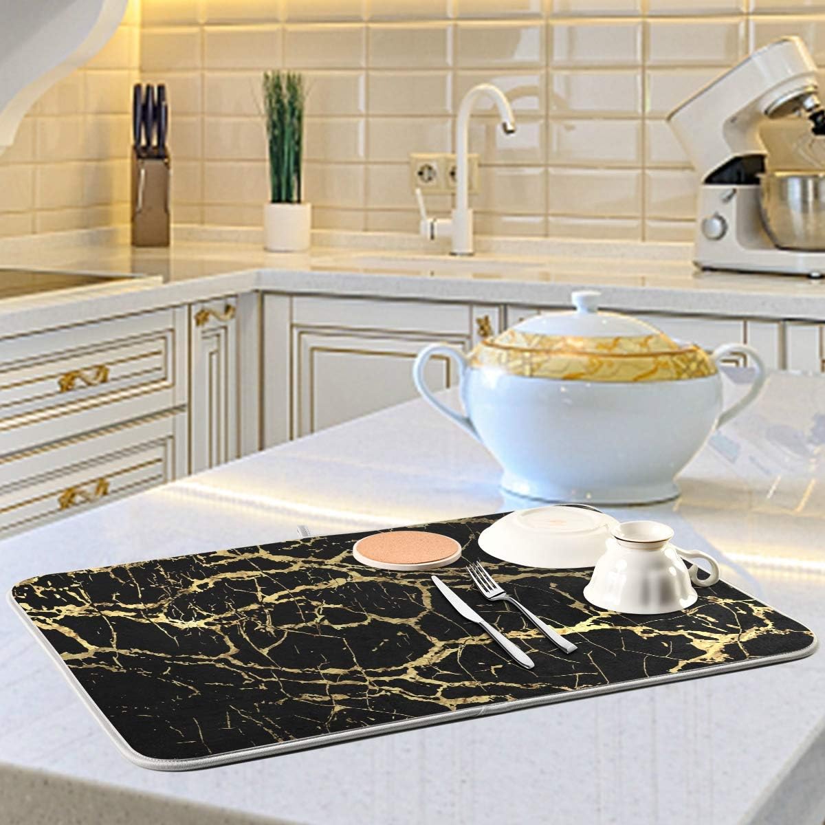 Super Absorbent Dish Drying Mat, Microfiber Fast-Drying Dish Mat, 24" x 18", Kitchen Dish Drying Pad, Black Gold Marble