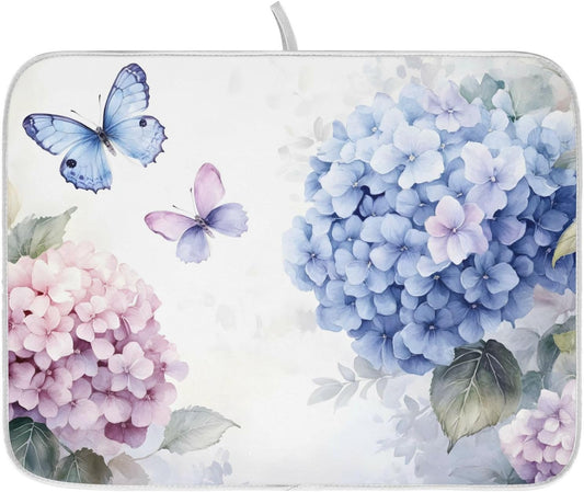 Blue Pink Hydrangea Spring Floral Dish Drying Mat for Kitchen Counter Absorbent Microfiber Large Drying Pad Dish mats for Kitchen Countertops 18 x 24 Inch