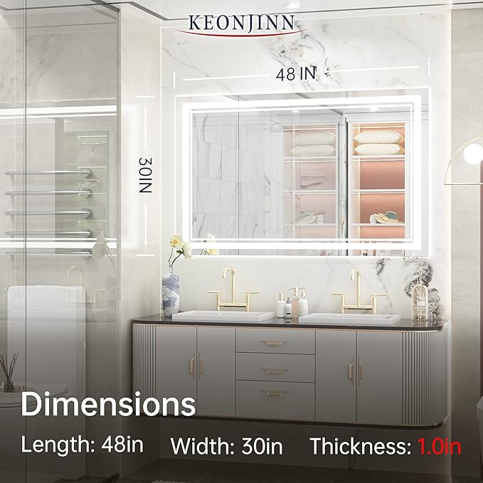 Keonjinn 48 x 30 Inch LED Mirror Lighted 6000K(Horizontal or
