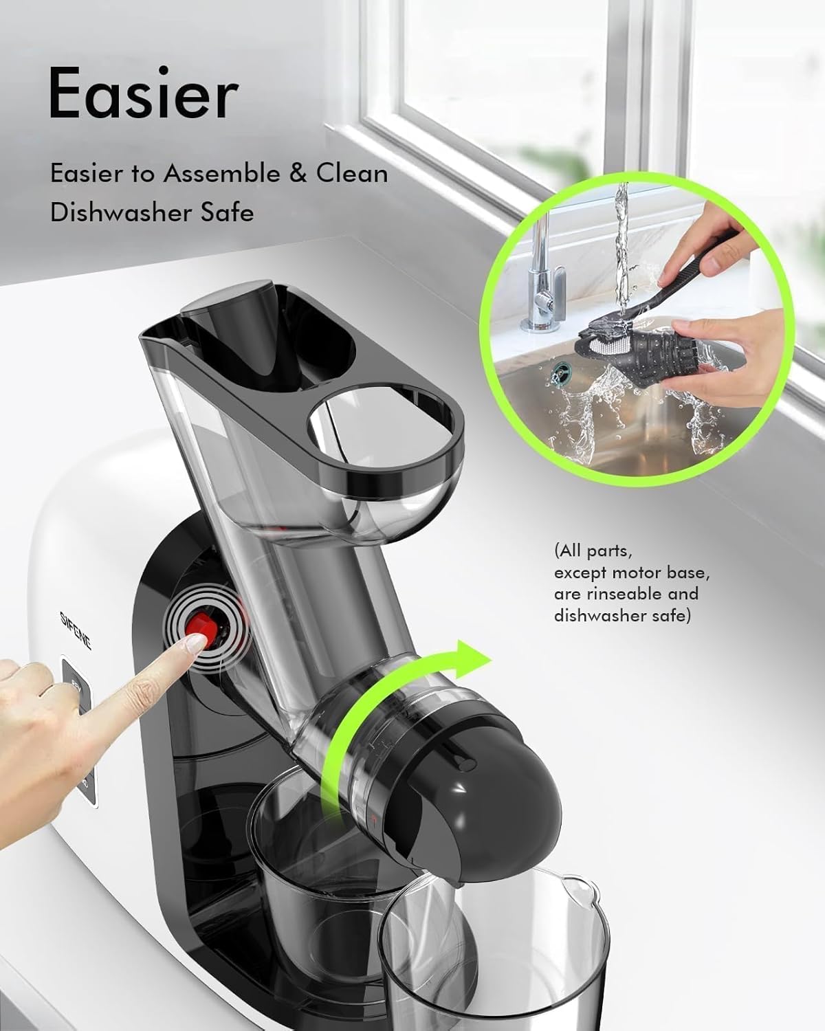 SiFENE Slow Masticating Juicer Machine, Dual 3" Wide Mouth, Anti-Clog Function, Wheatgrass, and Fruit Juice Extractor Maker. Easy to Clean & Non-BPA, White