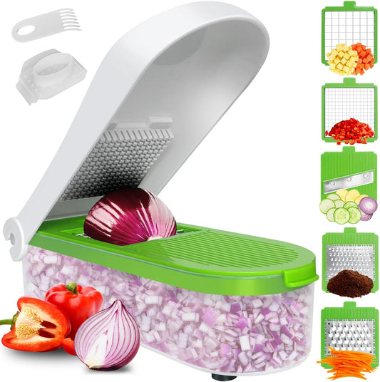 LHS Multifunctional Vegetable Chopper - 7 in 1 Veggie Slicer, Dicer, Cutter for Onions, Potatoes, Salad - Green Container Included