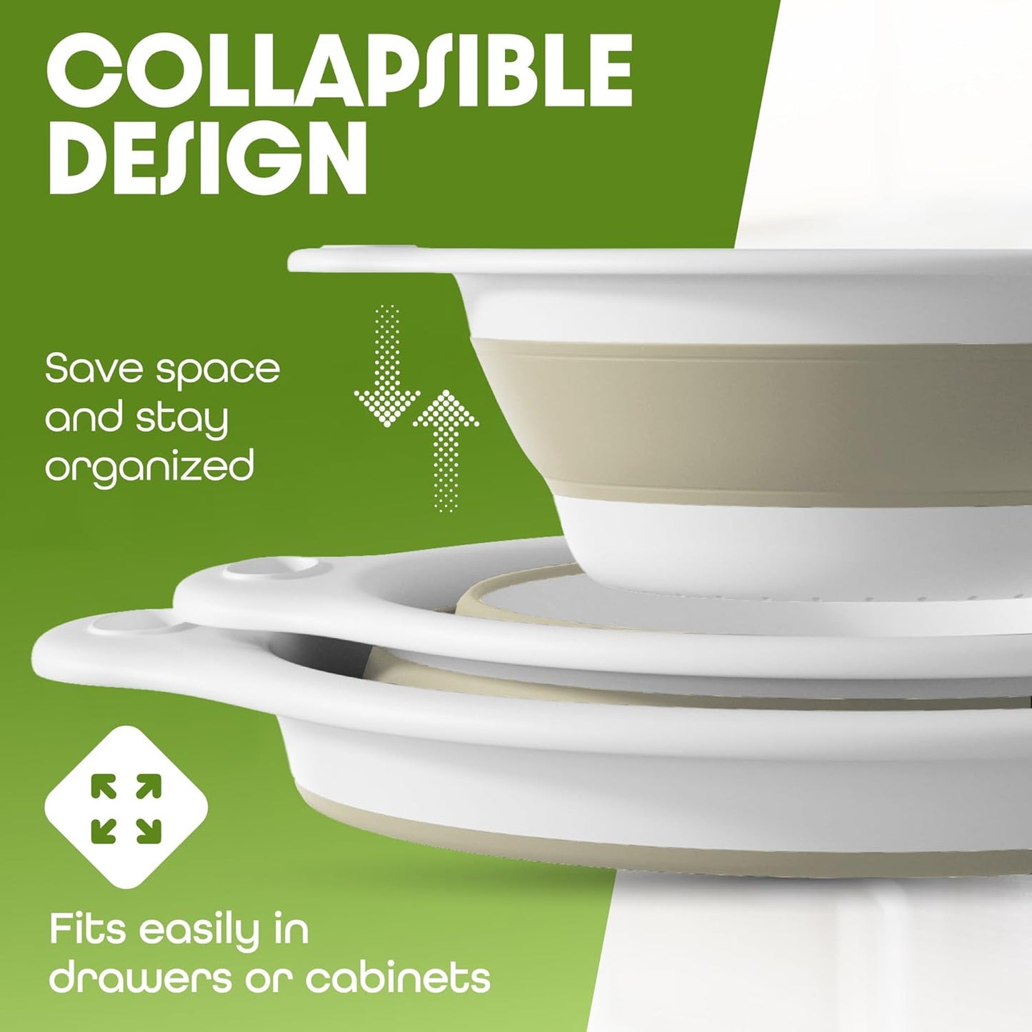 Collapsible Colanders (2 Pack Set) Food Strainers with Over-Sink Water Draining Base for Pasta Fruits and Vegetables (4 and 5 Quart) - White Beige
