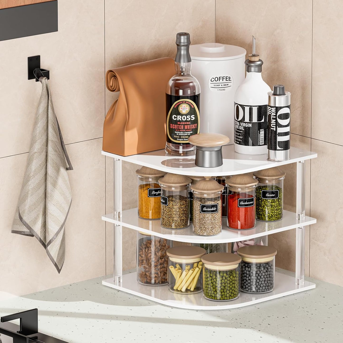 Plate Organizer for Cabinet Space Saver - Acrylic Corner Shelf for Dishes, Bowls, 3-Tier Kitchen Countertop Cabinet Organization, Dinner Plates Holder, and Small Shelf for Bathroom Storage - White