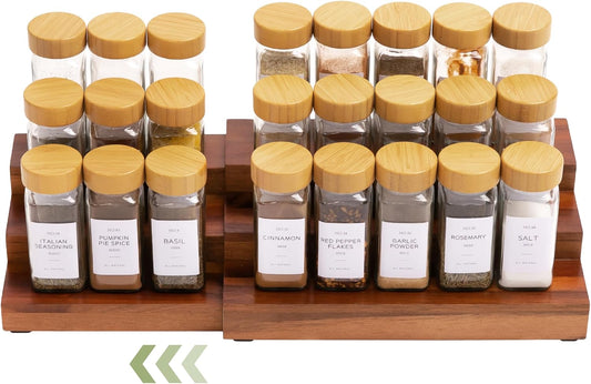 KitchenEdge Expandable Spice Rack Organizer for Cabinet, 3-Tier Shelf for Spice Organization (11” to 22”), Fits 36 Spice Jars, Seasoning and Pantry Storage, Non-Slip Feet, 100% Acacia Wood