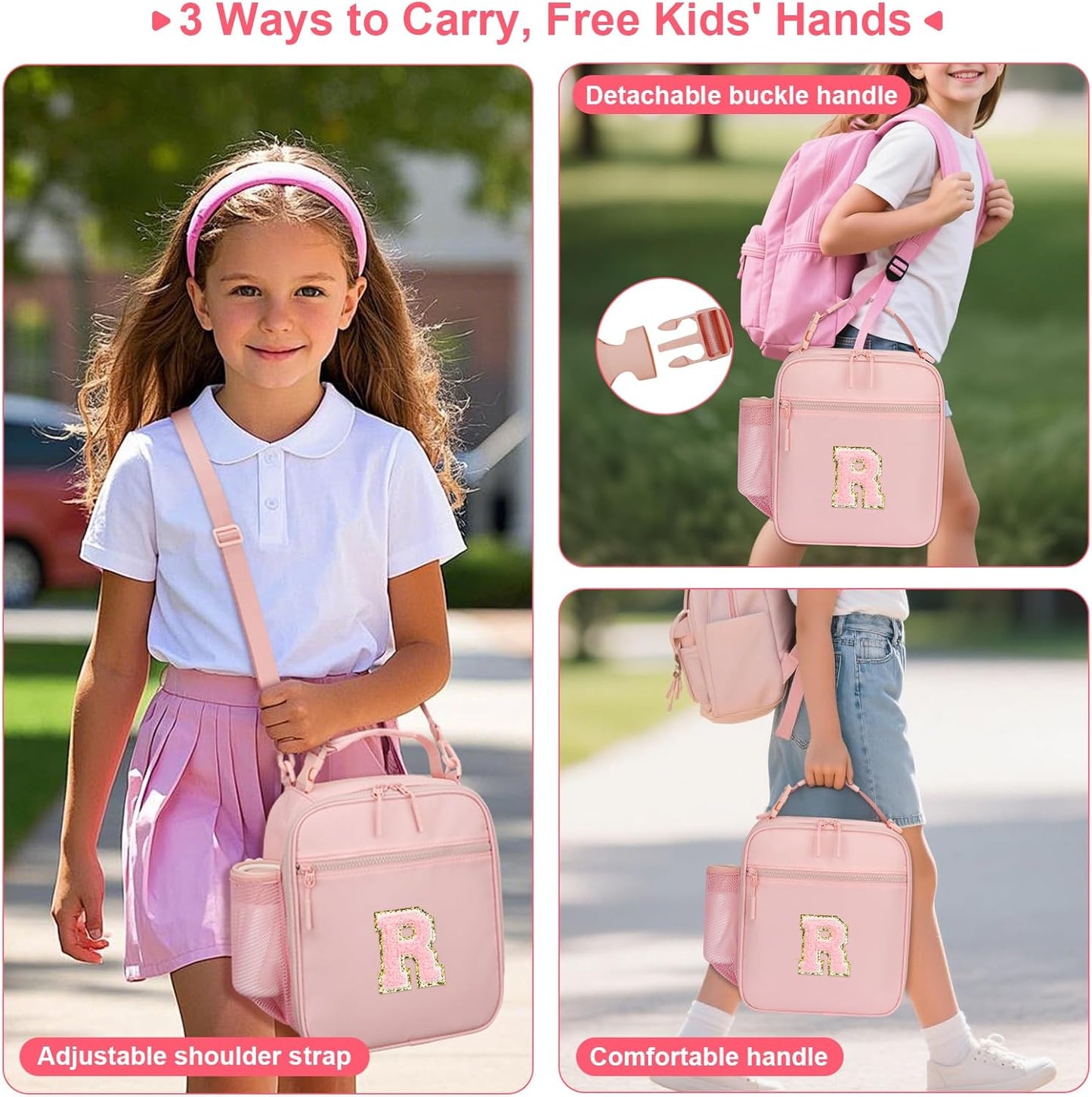 Initial Insulated Lunch Bag for Girls Kids, Back to School Gift, Reusable Leak-proof Lunch Box with Adjustable Strap for School Daycare Travel Picnic (Pink,R)