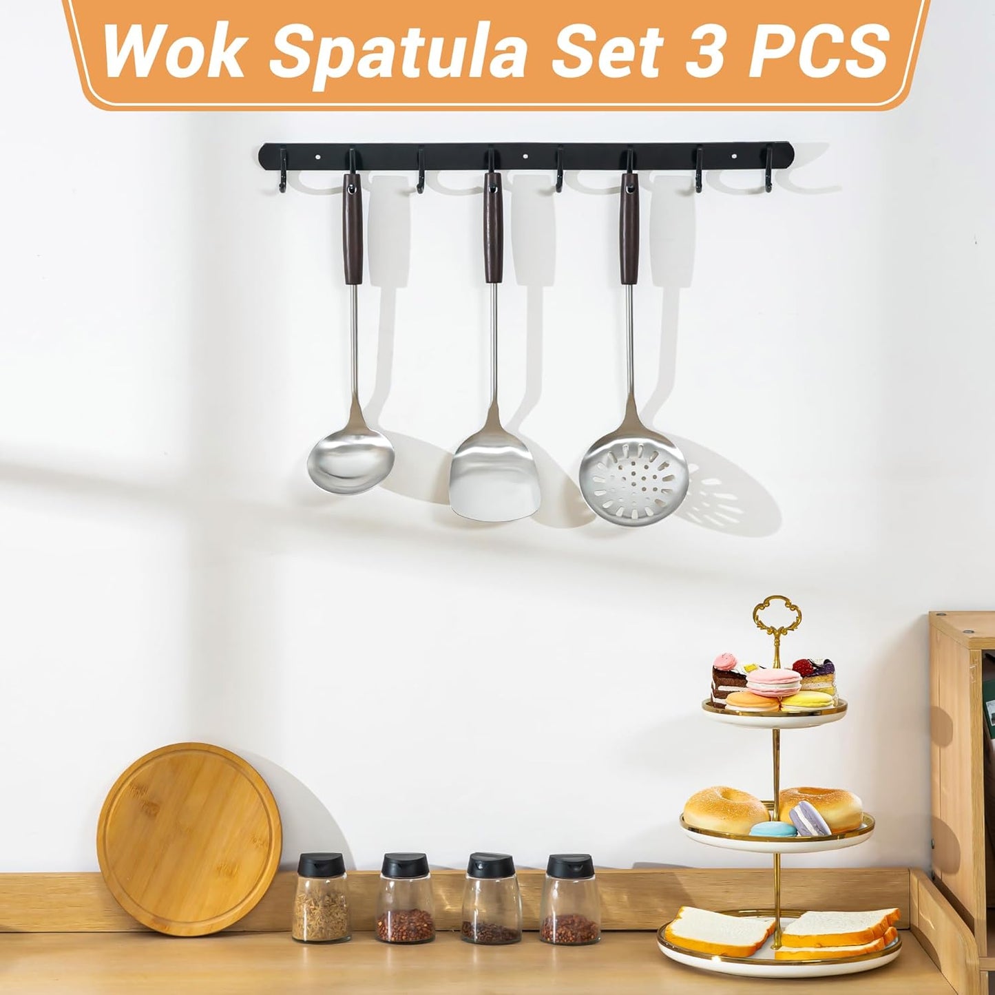 FJNATINH Wok Spatula and Ladle Skimmer Spoon - Stainless Steel Cooking Utensils Set of 3,Kitchen Wok Utensils Set